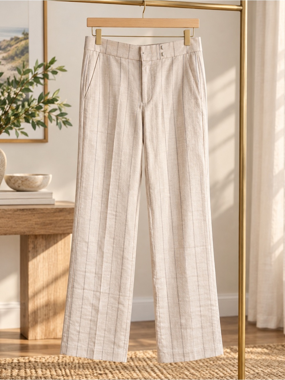 J.Crew Linen Blend Pinstripe Wide Leg Trousers Size 10T Tall Beige Work Pants